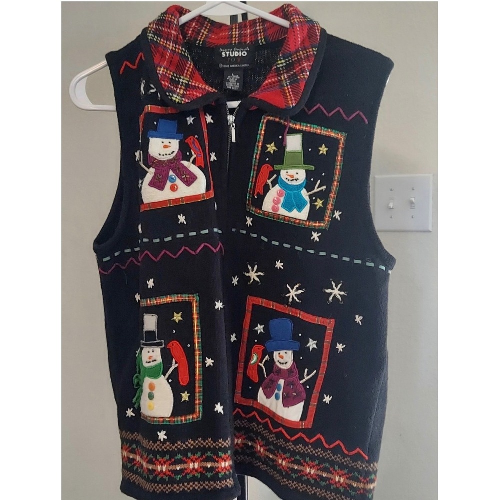 Designers Originals Studio Joy Christmas Snowman Sweater Vest Black Plaid L
